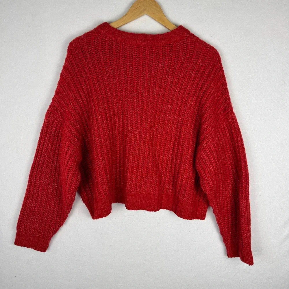 American Eagle Red Chunky Ribbed Knit Cropped Sweater Womens‎ XL Vibrant